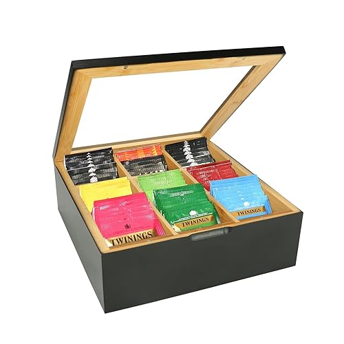 Bamboo Tea organizers and Storage,Tea Bag Organizer,Transparent Lid Organizer,Multi-functional storage box With magnetic cover (Black, 8.8 * 8.8 * 3.2inchs) - Black