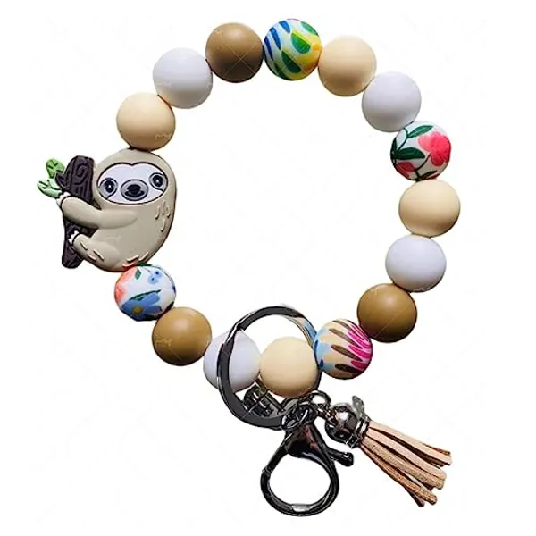 Sloth Gifts for Women Girls Sloth Wristlet Keychain Bracelet Beaded Wristlet Keychain Car Keys Ring Holder Keychain (khaki)