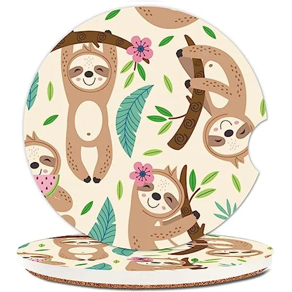 NUGGHU Absorbent Car Cupholder Coaster 2 Pack, Cute Car Coasters with a Finger Notch for Women & Men,2.56" Ceramic Stone & Non-Scratch Cork Base Drink Coasters, Cute Car Accessories Gifts (Cute Sloth)