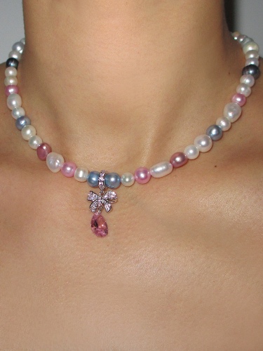 XTRA PINK BOW FRESHWATER PEARL CHOKER | 14 INCHES