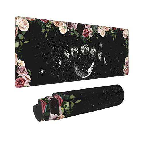 Pale Roses Moon Phase Witchy Tarot Black XXL XL Large Gaming Mouse Pad for Desk, Non-Slip Long Extended Keyboard Pads Mousepad Rubber Table Mat 31.5 X 11.8 Inch - Pale Roses Moon Phase Witchy Tarot Black