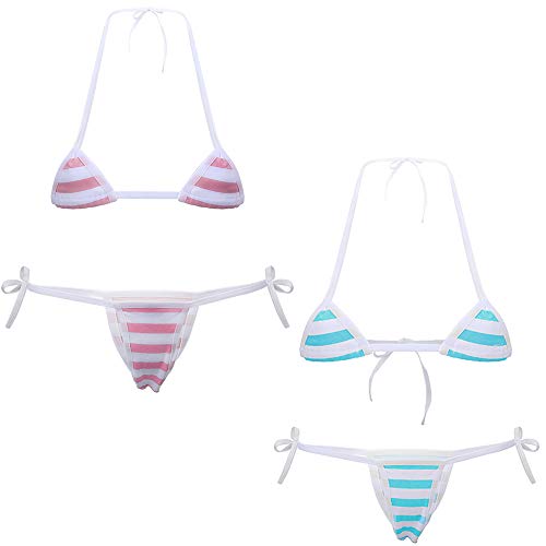 Cute Sexy Anime Lingerie Bra and Panty Set Lolita Cosplay Micro Underwear Suit Kawaii for Women - Blue Stripe(mini) + Pink Stripe(mini)