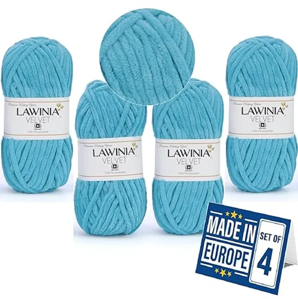 LAWINIA - Velvet Premium Soft Chenille Yarn Chunky, Velvet Yarn Crochet, Does NOT SHED, Velvet Wool, Plush Yarn for Crochet, Chunky Wool for Knitting, Thick Wool, Blanket Yarn, Fluffy Wool, Pack of 4 - VLV-005 Ocean Blue