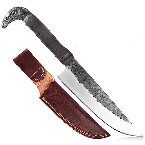 Odin's Raven Norse Viking-styled Knife 10.3" - Hand Forged 6.5" Carbon Steel Blade, Raven's Head Hilt and Leather Sheath - Unique Medieval Seax Style - Norse Knife for Hunting & Camping (Raven - Polished) - Raven - Polished