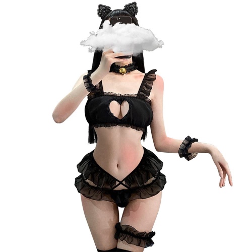 TOMORI Anime Cute Cat Cosplay Costume Womens Sexy Open Chest Lingerie Lolita Japanese Style Nightie - Black