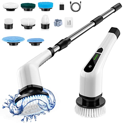 Cordless Electric Spin Scrubber,Cleaning Brush Scrubber for Home, 400RPM/Mins-8 Replaceable Brush Heads-90Mins Work Time,3 Adjustable Size,2 Adjustable Speeds for Bathroom Shower Bathtub Glass Car - Large