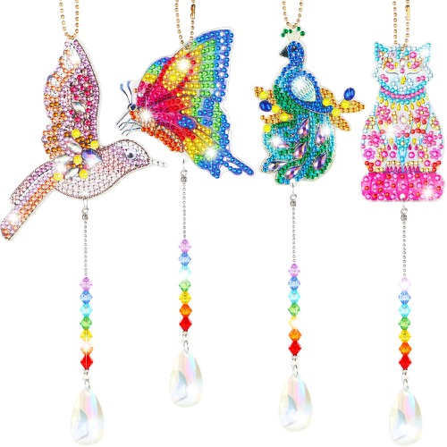 4 Pieces Diamond Painting Suncatcher DIY Wind Chime Kit Hanging Double Sided Hummingbird Butterfly Cat Peacock Shape Crystal Paint by Number Ornament for Adults Kids Home Garden Decoration - 