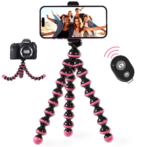 TALK WORKS Flexible Phone Tripod for iPhone, Android, Camera - Adjustable Stand Holder with Mini Wireless Remote for Selfies, Vlogging, Beauty/Makeup, Live Streaming/Recording - Pink,14019 - Pink Tripod