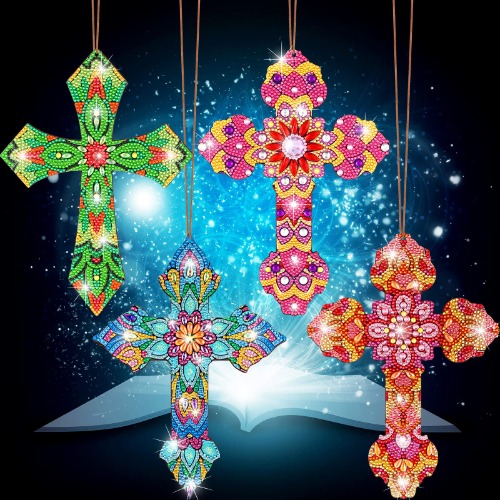 4 Pieces Cross Diamond Painting Kits 5D DIY Diamond Art Kits Diamond Painting Ornaments Mosaic Hanging Wall Home Decor Rhinestone Crystal Cross Pendant Handmade Gifts with Tools for Adults Kids - 