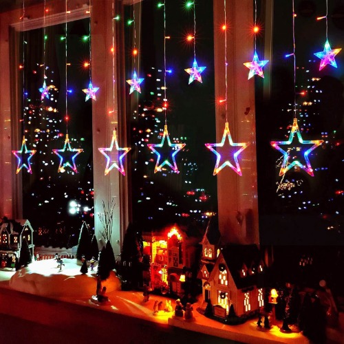 BHCLIGHT Star Lights, Curtain String Lights for Bedroom with 8 Lighting Modes,Waterproof Window Lights Ramadan Decorations, Wedding,Garden Christmas Decorations Lights-Multicolor - Multicolor