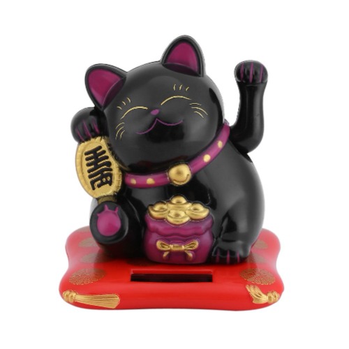Fortune Lucky Wealth Welcoming Cat Solar Powered Cute Cat with Waving Arm Home Display Car Decor(Black) - 
