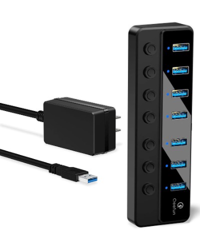 USB Hub, 7-Port USB 3.0 Hub, Qeefun USB Hub 3.0 Powered, USB Adapter USB Extender USB Port Expander USB Hub for Laptop, PC, USB Flash Drives, and More - 