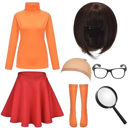 💝HMPRT Halloween Deluxe Adult Costume for Women,Brown Bob Wig,Turtleneck Top,Skater Skirt,Magnifying Glass,Socks and Glasses - Orange - Large