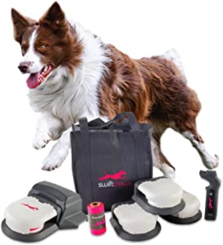 SwiftPaws Home Original Remote-Control Toy - For Dogs - Flag Lure Course - 30 mph - 10 Min Run Time - Includes Main Unit, Remote, 3 Pulleys, Battery, Charger, Flags, Line, Winder, Stakes, Tethers, Bag