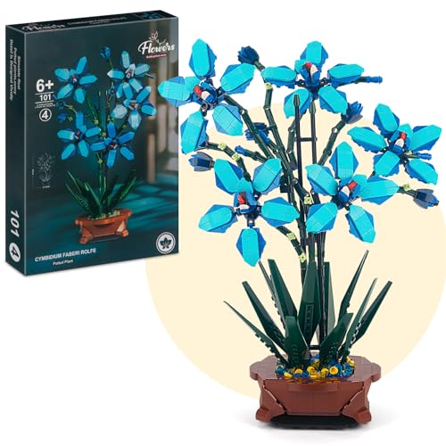HIGH GODO Orchidee Blumen Pflanzen Bausatz 1097 Teil, Blumen Bonsai Bausteine Set, Home Büro Deko, Geschenke für Frauen Erwachsene Männer - Blau