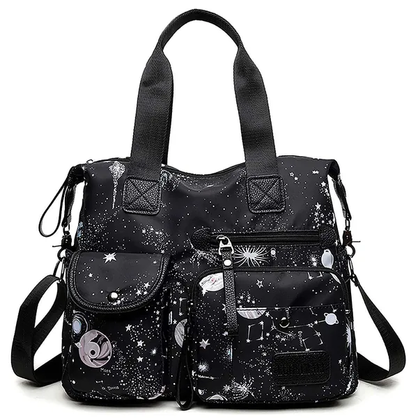 Women's Lightweight Floral Top Handle Handbag Multi-pockets Nylon Work Totes Water Resistant Travel Crossbody Shoulder Bag - Floral Black