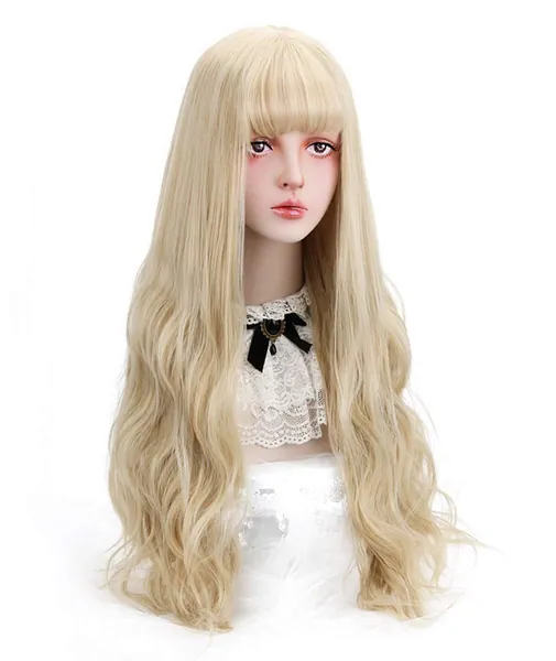 Long Blonde Synthetic Wig with Bangs - Natural Long Wavy Cosplay Wigs for Women Halloween Christmas 30" (Blonde) - Blonde
