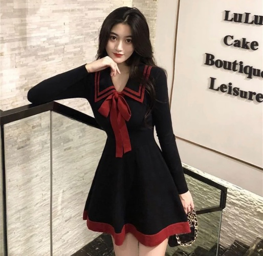 Bow Tie Lapel High Waist Knitted Dress