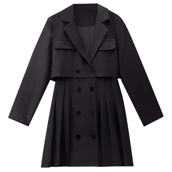 Lapel Double Button A-Line Pleated Dress 