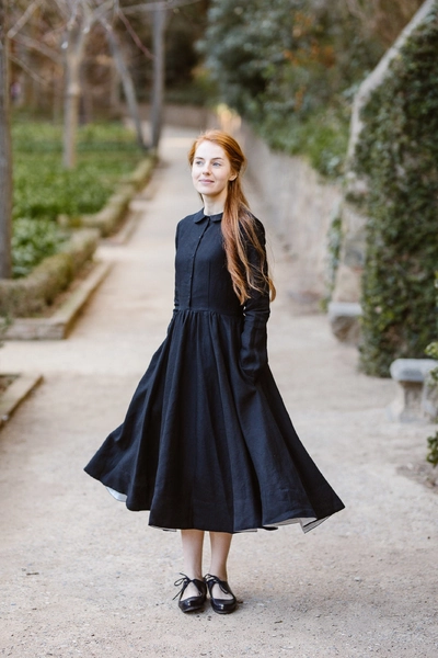 LONG LINEN DRESS | Black Dress, Linen Dresses, Collared Dress, Modest Dress, Peasant Dress, Plus Size Dress, Loose Fitting Linen, Sondeflor