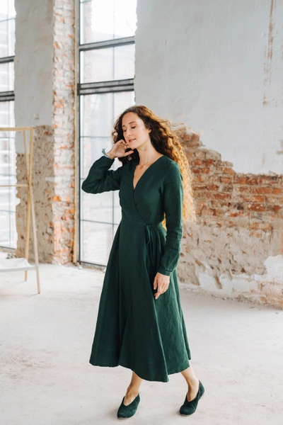 LINEN WRAP DRESS | Forest Green Dress, Summer Wrap Dress, Linen Wrap Skirt, Cottagecore Outfits, Long Sleeves, Sondeflor