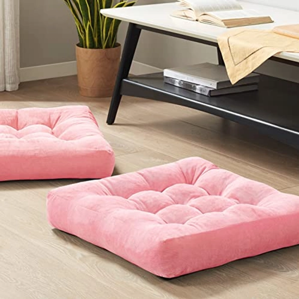 Meditation Floor Pillow Set of 2, Square Large Pillows Seating for Adults, Tufted Corduroy Floor Cushion for Living Room Tatami, Pink 22x22 Inch - 2 Count (Pack of 1) - Square | Pink | 2 Pack