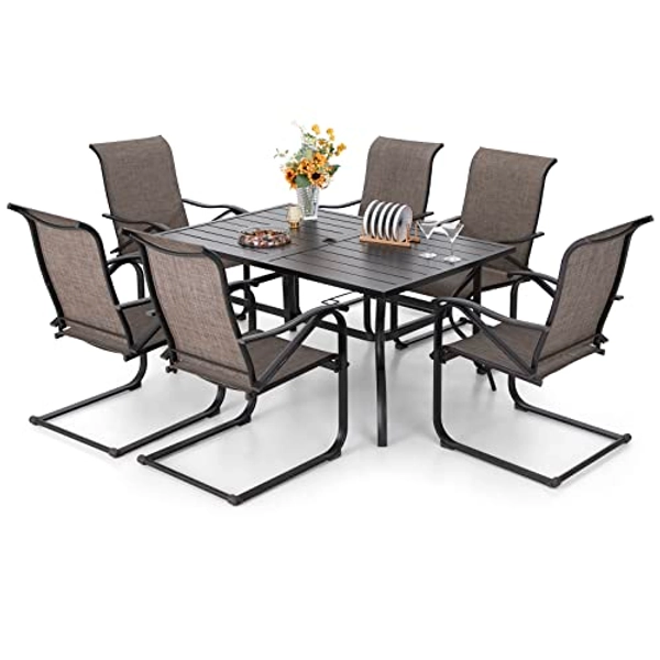 PHI VILLA Outdoor Textilene Furniture Set for 6, Slatted Metal Dining Table with Umbrella Hole & 6 Spring Motion Chairs for Patio, Deck, Yard - 60"L x 38"W x 28"H-1