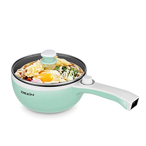 Dezin Hot Pot Electric Upgraded, Non-Stick Sauté Pan, Rapid Noodles Electric Pot, 1.5L Mini Portable Hot Pot for Steak, Egg, Fried Rice, Ramen, Oatmeal, Soup with Power Adjustment (Egg Rack Included) - A(Green/without Steamer)