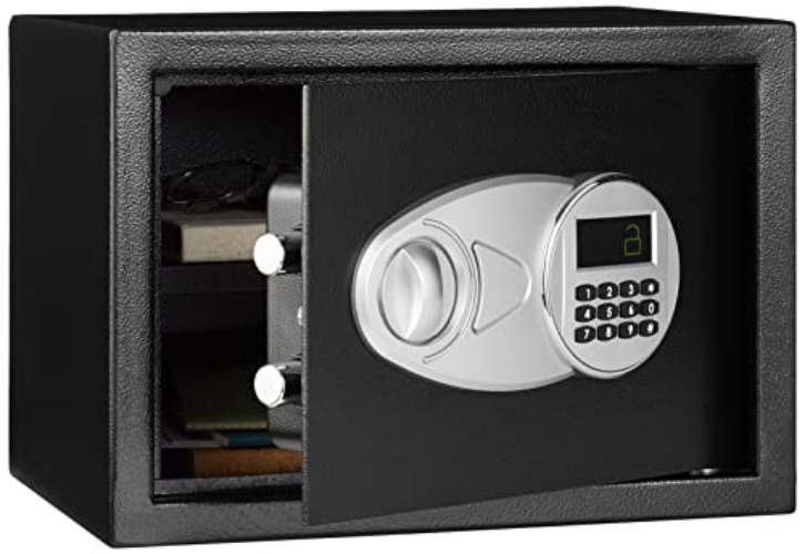 Amazon Basics Steel Security Safe and Lock Box with Electronic Keypad - Secure Cash, Jewelry, ID Documents, 0.5 Cubic Feet, Black, 13.8"W x 9.8"D x 9.8"H - 0.5 Cubic Feet