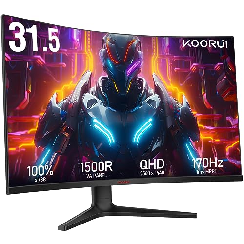 KOORUI 32 inch Curved Gaming Monitor - QHD (2560 x 1440) 2K Display, 170Hz 144Hz Monitor, 1500R Curvature, 1ms, HDR10, Adaptive Sync, Tilt Adjustable, DisplayPort HDMI, Black - GA01 - 31.5"170Hz/GA01