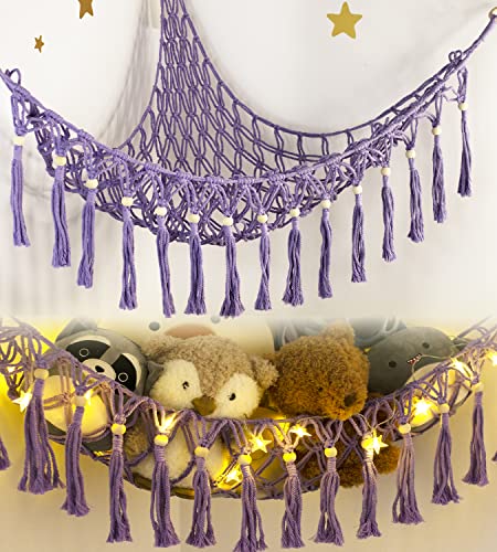 Stuffed Animal Net or Hammock - Hanging Stuffed Animal Hammock Storage - Toy Hammock Holder Boho Wall Corner Hammock Organizer inc LED Light and Hooks, Purple - Purple - L (39.5"*39.5"*48")