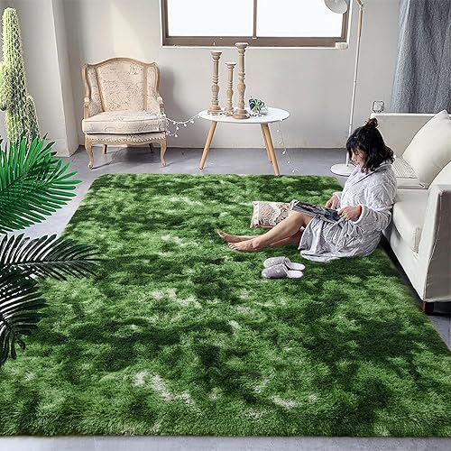 DweIke Fluffy Modern Area Rugs for Living Room Bedroom, 4x6 ft Plush High Pile Dark Green Rug for Kids Girls Room Nursery Home Decor, Upgrade Non-Slip Girls Bedroom Soft Indoor Rug, Dark Green - 4 ft x 6 ft - Dark Green