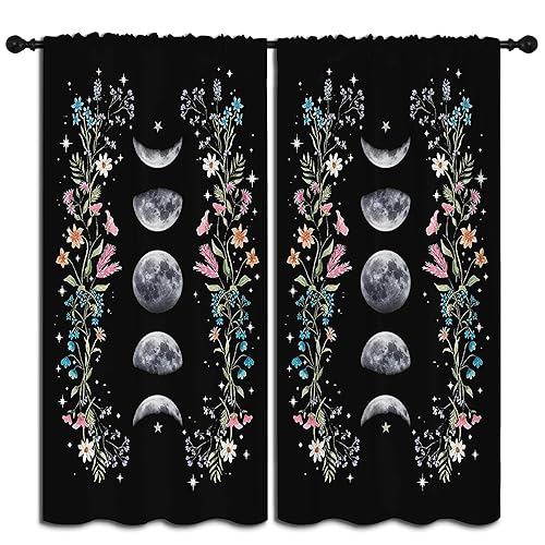 Boho Floral Wildflower Rod Pocket Blackout Curtains for Boy Girl Bedroom,Moon Phase Moonlit Garden Witchy Gothic Aesthetic Energy Efficient Home Window Drapes for Living Room Noise Reducing,55x63in - 55"W x 63"L (Pack of 1) - Boho Floral Wildflower-002