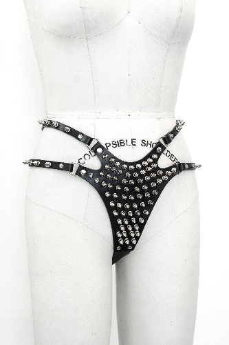Z-String Thong - Spiked | M / Black Leather / Silver