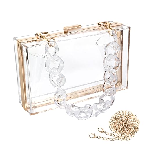 WJCD Women Clear Purse Acrylic Box Clutch Handbag, Small Transparent Crossbody Evening Bag Stadium Approved Gold Chain Strap - Transparent 2 Chains