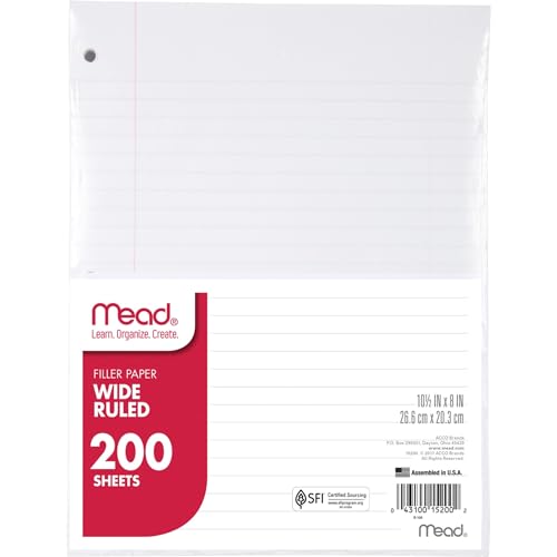 Mead Loose Leaf Paper, Notebook Paper, Wide Ruled Filler Paper, Standard, 8 x 10.5, 200 Sheets (15200) White - 200 Sheets