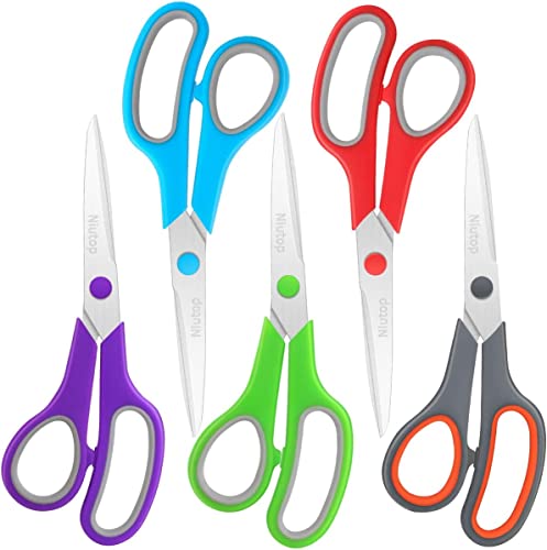 Scissors Bulk Set of 5-Pack, Niutop 8" Multipurpose Sharp Sewing Craft Fabric Scissors for Office Home High/Middle School Student Office Teacher Art Supplies, Soft Comfort-Grip Right/Left Handles - 5 Packs