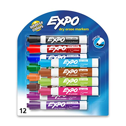 EXPO Low Odor Dry Erase Markers, Chisel Tip, Assorted Colors, 12 Count - 12 Count (Pack of 1) - Markers