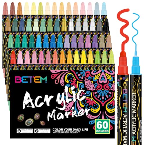 Betem 60 Colors Dual Tip Acrylic Paint Pens Markers, Premium Acrylic Paint Pens for Wood, Canvas, Stone, Rock Painting, Glass, Ceramic Surfaces, DIY Crafts Making Art Supplies - 60 Colors Paint Markers