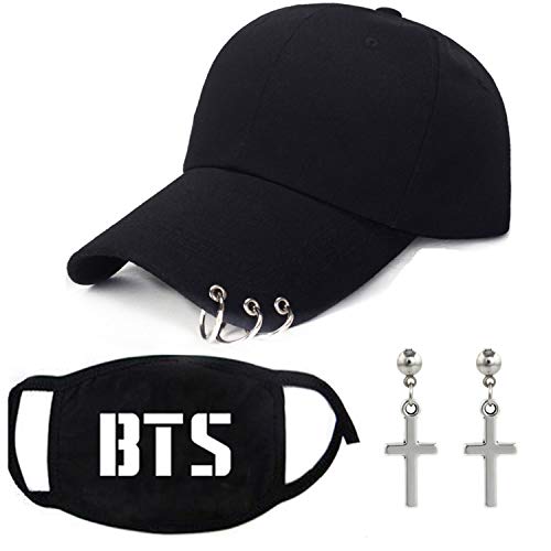 PPX BTS Bangtan Jungen Baseball Cap Sport Sonnenhut mit BTS Gesichtsmaske und 2 KPOP Kreuz Ohrringe für Jungen & Mädchen