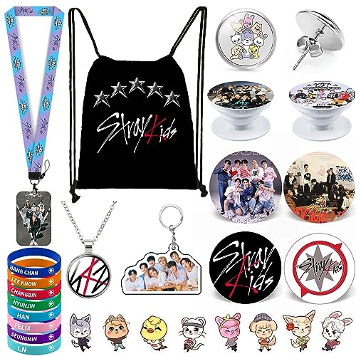 ZHENGGE Kpop Stray Kids Geschenk-Set, inklusive Kordelzugbeutel, Rucksack, Halskette, Ohrringe, Armbänder, Knopfnadeln, Schlüsselband, Ausweishalter, Schlüsselanhänger, Handy-Ringhalter,