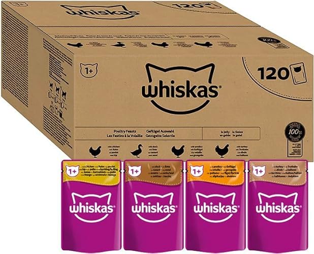 Whiskas 1+ Adult Poultry Selection in Jelly 120 Pouches, Adult Wet Cat Food, Megapack (120 x 85 g) - Poultry Selection - 85 g (Pack of 120)