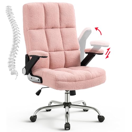 SEATZONE High Back Home Office Chair Comfy Faux Fur Executive Computer Desk Chair with Wheels and Flip-up Arms,Rocking Big&Tall Ergonomic Task Chair Pink Thick Padding - Fabric Pink