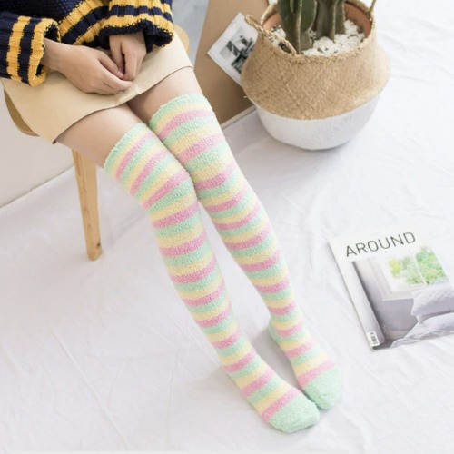 Fuzzy Striped Thigh Highs - Pastel Rainbow