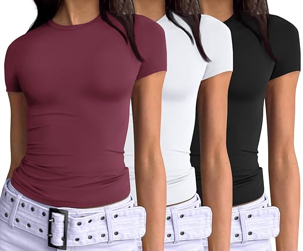 AUTOMET Womens 3 Piece Short Sleeve Shirts Basic Going Out Tops Slim Fit Crop Tops 2025 Y2k Clothes - Black,white,winered - Medium