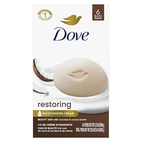 Dove Beauty Bar Soap Restoring Coconut & Cocoa Butter 6 Count for Restored Skin, Nourishes Skin 3.75 oz - 22.5 Ounce (Pack of 1) - Coconut and Cocoa Butter
