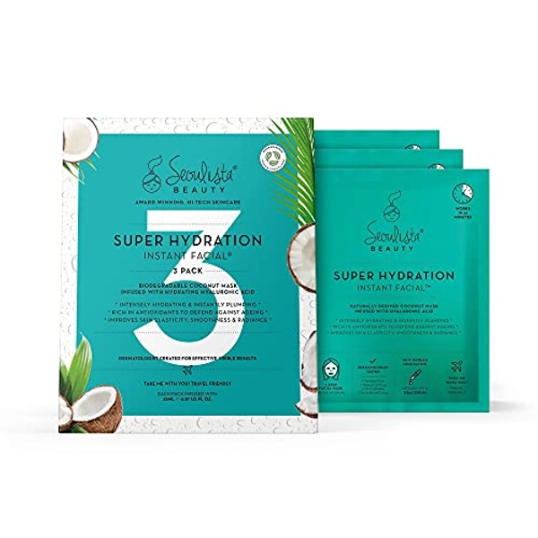 Seoulista Beauty Super Hydration Instant Facial Multipack – Award Winning - Beauty Face Masks with Hyaluronic Acid, Coconut – Natural Fibre BioCellulose Sheet Masks— Korean Beauty — 3-Pack