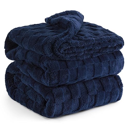 Bedsure Fleece Blanket for Bed - Soft Cosy Checkered Blankets, Fluffy Warm Large Throw for Women and Girls, Navy Blue, 220x240 cm - Navy Blue - Queen