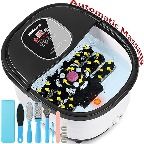 Foot Spa Bath with Automatic Massage and Heating Function, Electric Foot Massager with Pedicure Set, Foot Bath with Shiatsu, Pressure and Kneading Massage Modes, Vibration and Bubble Function,Mia&coco - Automatic Roller, Black&white