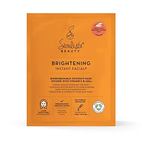 Seoulista Beauty® Brightening Instant Facial™ 30ml | Treatment Face Sheet Mask for Dry Skin Dark Spots and Pigmentation | Dermatologist Created Korean Skin Care | Infused with Vitamin C & AHAs